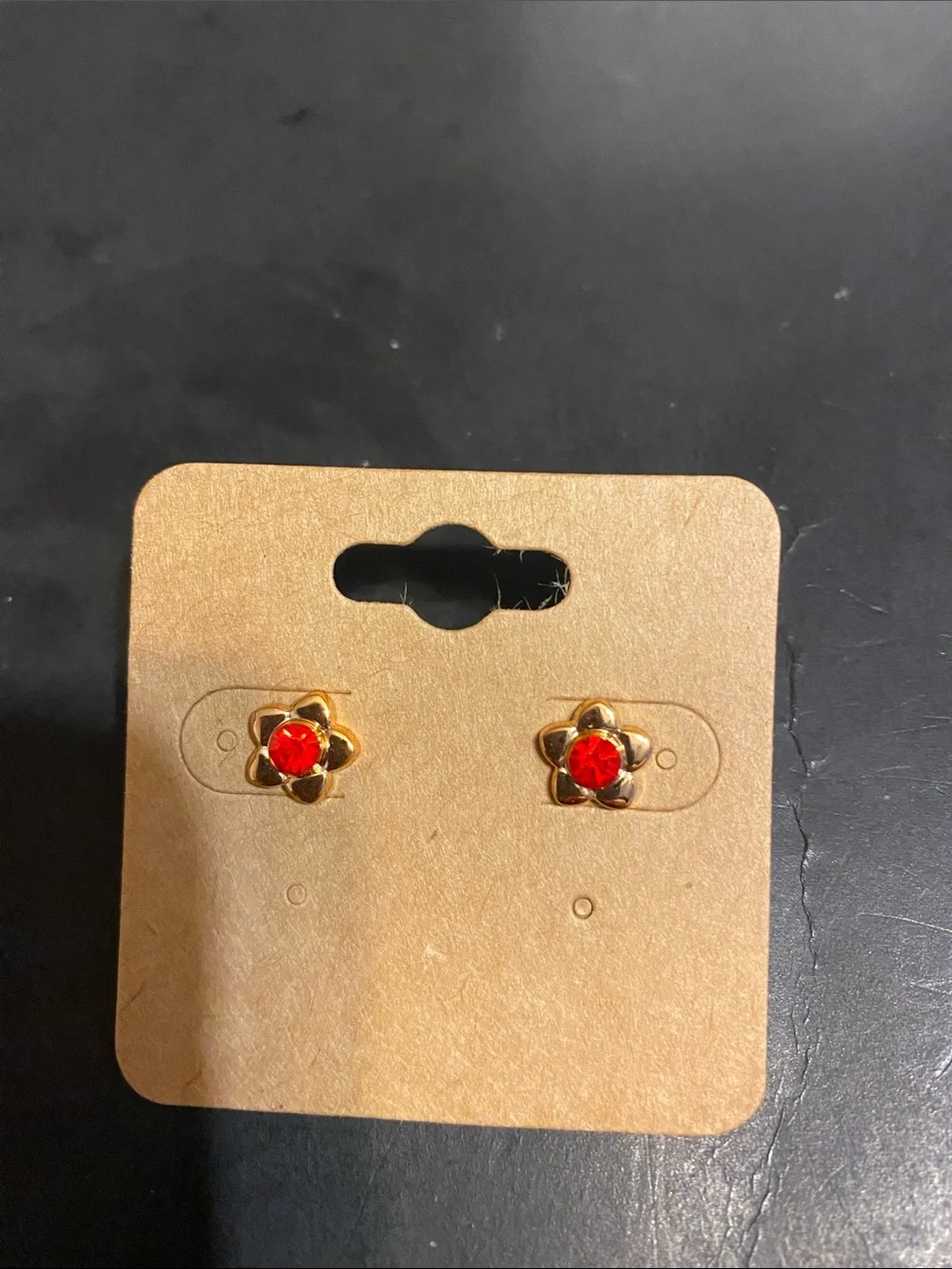 Gold Flower Stud Earrings with Red and Iridescent Stones